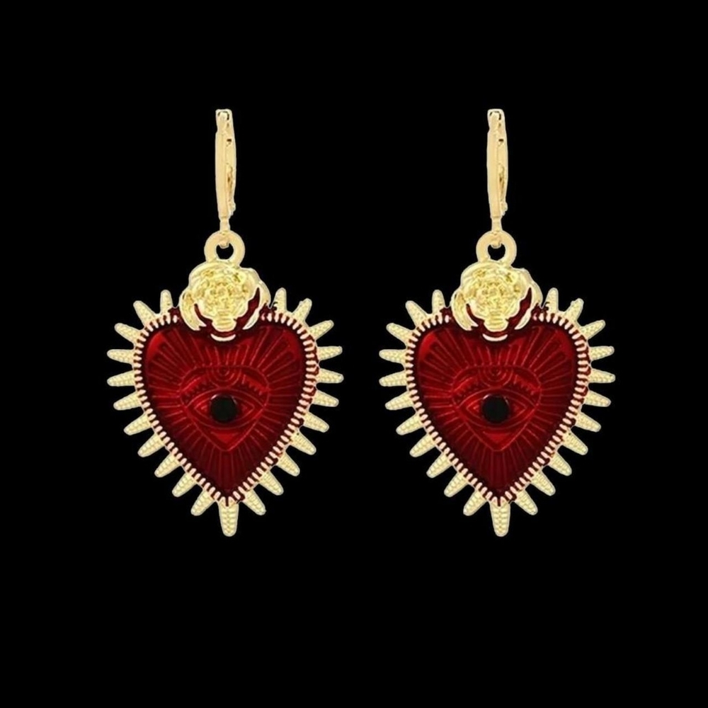 Gold/Red Sacred Heart Ear Huggers